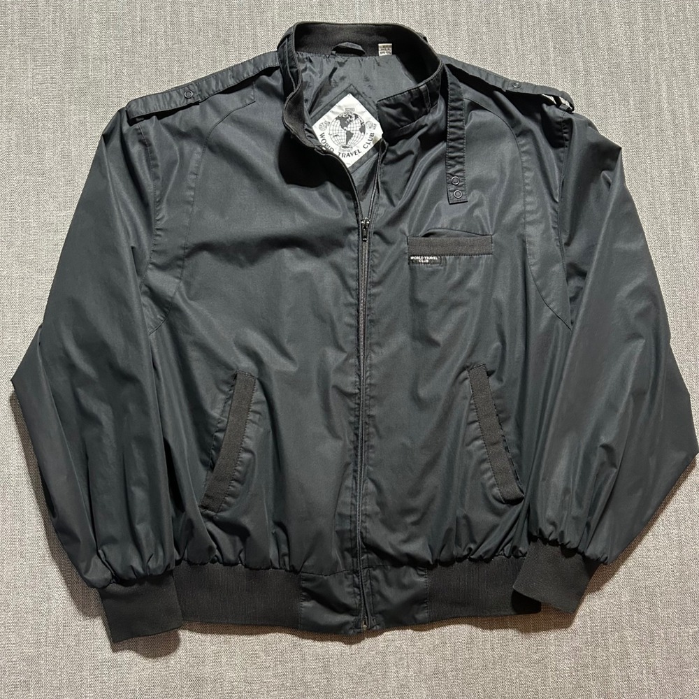 World Travel Club Windbreaker Bomber Jacket Mens XLT Black Epaulets Vintage Zip